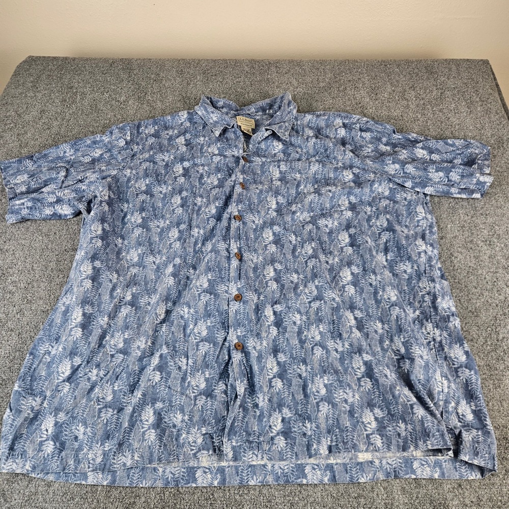 LL Bean Mens XXXL Blue Tropical Leaf Print Cotton Button Down Shirt 300229